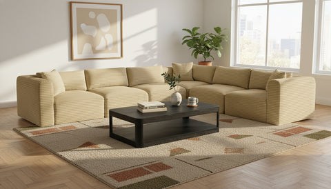 Faye 140" Camel Corduroy Performance Fabric Upholstered Sectional, 6-Piece