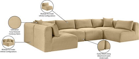 Faye 140" Camel Corduroy Performance Fabric Upholstered Sectional, 6-Piece (Style 2)