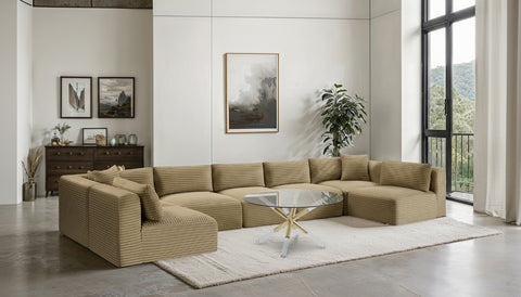 Faye 171" Camel Corduroy Performance Fabric Upholstered Sectional, 7-Piece