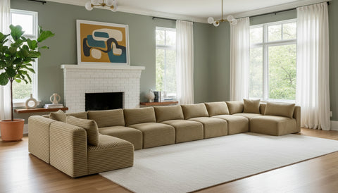 Faye 233" Camel Corduroy Performance Fabric Upholstered Sectional, 9-Piece