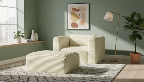 Faye Cream Corduroy Performance Fabric Upholstered Ottoman, 1 Piece