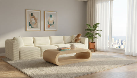 Faye 140" Cream Corduroy Performance Fabric Upholstered Sofa, 4-Piece