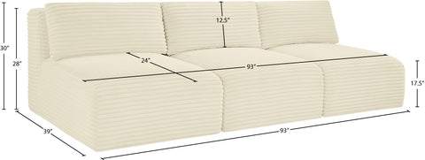 Faye 93" Cream Corduroy Performance Fabric Upholstered Armless Sofa, 3-Piece