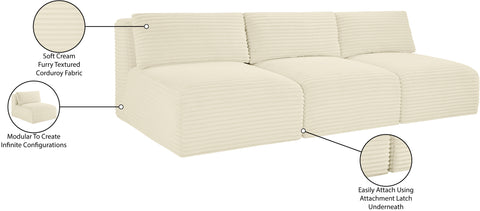 Faye 93" Cream Corduroy Performance Fabric Upholstered Armless Sofa, 3-Piece