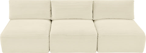 Faye 93" Cream Corduroy Performance Fabric Upholstered Armless Sofa, 3-Piece