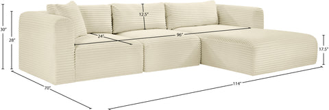 Faye 114" Cream Corduroy Performance Fabric Upholstered Sectional, 3-Piece