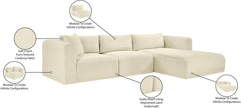 Faye 114" Cream Corduroy Performance Fabric Upholstered Sectional, 3-Piece