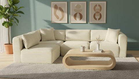 Faye 109" Cream Corduroy Performance Fabric Upholstered Sectional, 4-Piece (Style 2)
