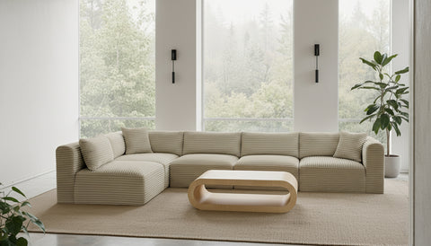 Faye 140" Cream Corduroy Performance Fabric Upholstered Sectional, 5-Piece (Style 2)