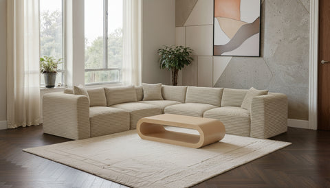 Faye 109" Cream Corduroy Performance Fabric Upholstered Sectional, 5-Piece