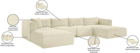 Faye 145" Cream Corduroy Performance Fabric Upholstered Sectional, 5-Piece