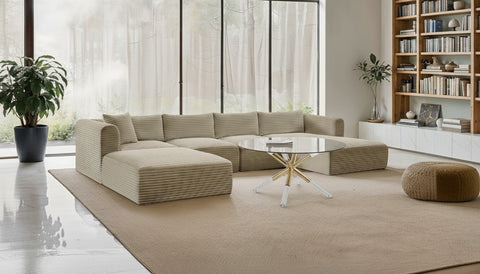 Faye 145" Cream Corduroy Performance Fabric Upholstered Sectional, 5-Piece
