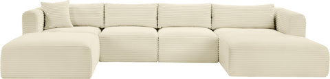 Faye 145" Cream Corduroy Performance Fabric Upholstered Sectional, 5-Piece