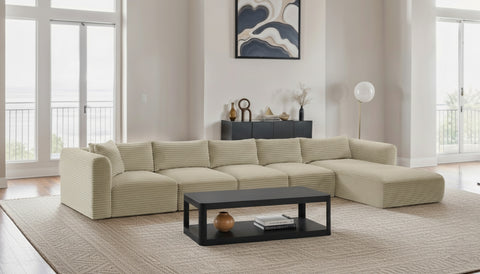 Faye 176" Cream Corduroy Performance Fabric Upholstered Sectional, 5-Piece