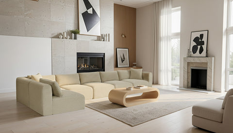 Faye 171" Cream Corduroy Performance Fabric Upholstered Sectional, 6-Piece