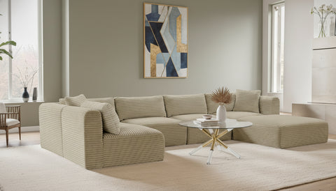 Faye 140" Cream Corduroy Performance Fabric Upholstered Sectional, 6-Piece (Style 3)