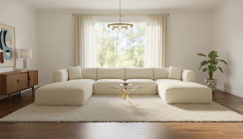 Faye 140" Cream Corduroy Performance Fabric Upholstered Sectional, 6-Piece (Style 4)