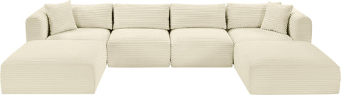 Faye 140" Cream Corduroy Performance Fabric Upholstered Sectional, 6-Piece (Style 4)