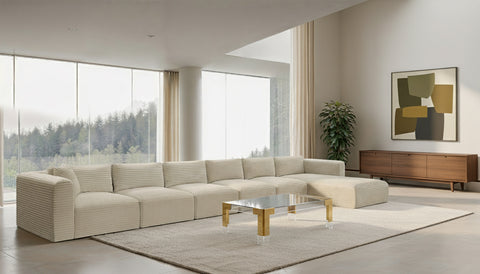 Faye 207" Cream Corduroy Performance Fabric Upholstered Sectional, 6-Piece