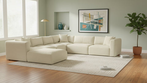 Faye 140" Cream Corduroy Performance Fabric Upholstered Sectional, 7-Piece