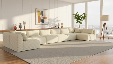 Faye 202" Cream Corduroy Performance Fabric Upholstered Sectional, 8-Piece