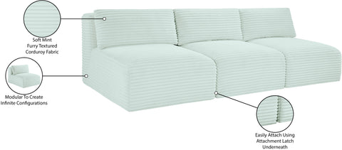 Faye 93" Mint Corduroy Performance Fabric Upholstered Armless Sofa, 3-Piece