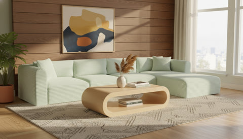 Faye 145" Mint Corduroy Performance Fabric Upholstered Sectional, 4-Piece