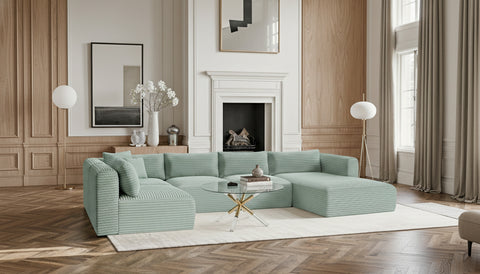 Faye 145" Mint Corduroy Performance Fabric Upholstered Sectional, 5-Piece (Style 2)
