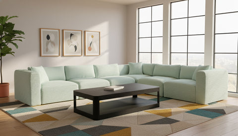 Faye 140" Mint Corduroy Performance Fabric Upholstered Sectional, 6-Piece