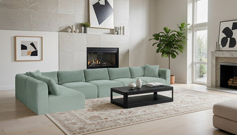 Faye 171" Mint Corduroy Performance Fabric Upholstered Sectional, 6-Piece