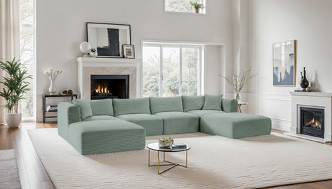 Faye 140" Mint Corduroy Performance Fabric Upholstered Sectional, 6-Piece (Style 4)