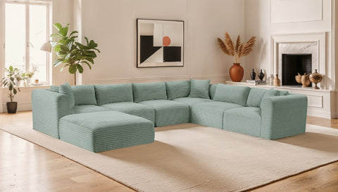 Faye 140" Mint Corduroy Performance Fabric Upholstered Sectional, 7-Piece