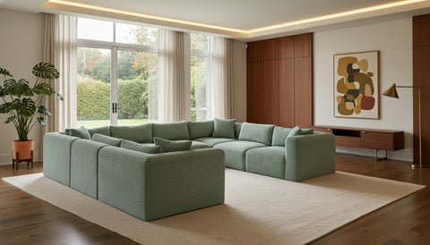 Faye 140" Mint Corduroy Performance Fabric Upholstered Sectional, 8-Piece