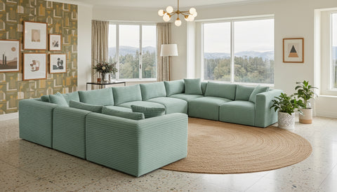 Faye 171" Mint Corduroy Performance Fabric Upholstered Sectional, 9-Piece