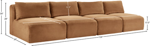 Faye 124" Saddle Corduroy Performance Fabric Upholstered Armless Sofa, 4-Piece