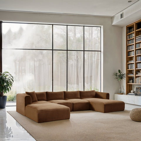 Faye 145" Saddle Corduroy Performance Fabric Upholstered Sectional, 5-Piece