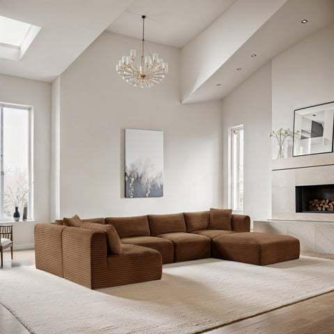 Faye 140" Saddle Corduroy Performance Fabric Upholstered Sectional, 6-Piece (Style 3)