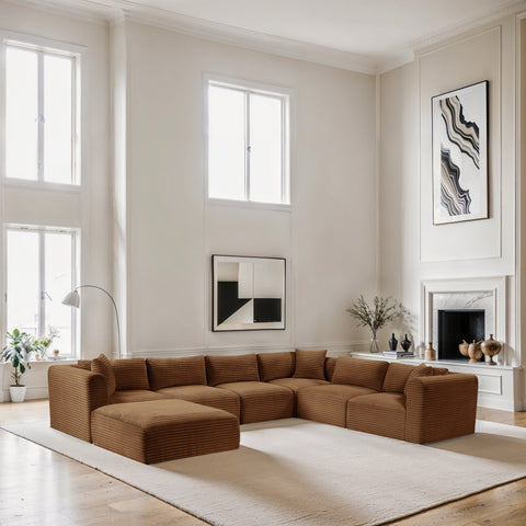 Faye 140" Saddle Corduroy Performance Fabric Upholstered Sectional, 7-Piece