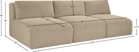 Faye 93" Taupe Corduroy Performance Fabric Upholstered Armless Sofa, 3-Piece