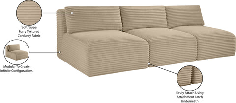 Faye 93" Taupe Corduroy Performance Fabric Upholstered Armless Sofa, 3-Piece