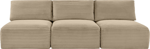 Faye 93" Taupe Corduroy Performance Fabric Upholstered Armless Sofa, 3-Piece