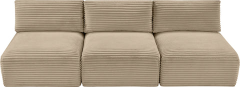 Faye 93" Taupe Corduroy Performance Fabric Upholstered Armless Sofa, 3-Piece