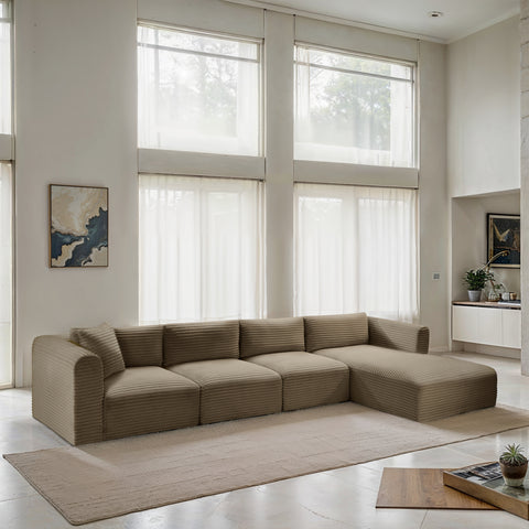 Faye 145" Taupe Corduroy Performance Fabric Upholstered Sectional, 4-Piece