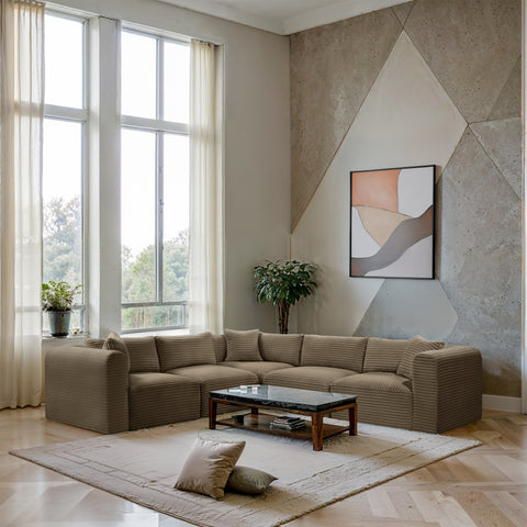 Faye 109" Taupe Corduroy Performance Fabric Upholstered Sectional, 5-Piece