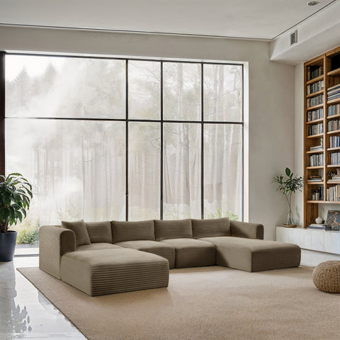 Faye 145" Taupe Corduroy Performance Fabric Upholstered Sectional, 5-Piece