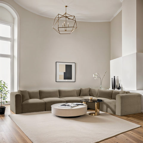 Faye 140" Taupe Corduroy Performance Fabric Upholstered Sectional, 6-Piece