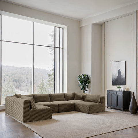 Faye 140" Taupe Corduroy Performance Fabric Upholstered Sectional, 6-Piece (Style 2)