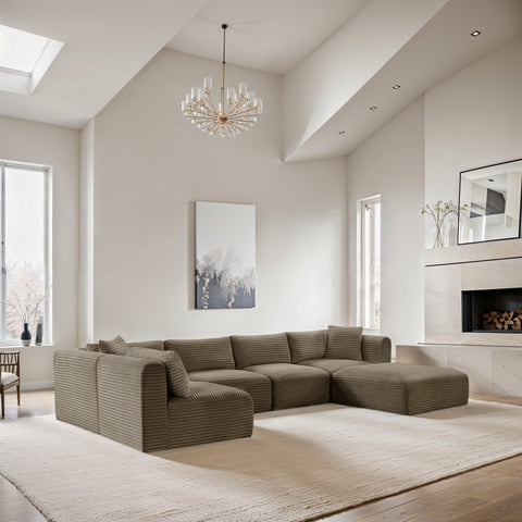 Faye 140" Taupe Corduroy Performance Fabric Upholstered Sectional, 6-Piece (Style 3)