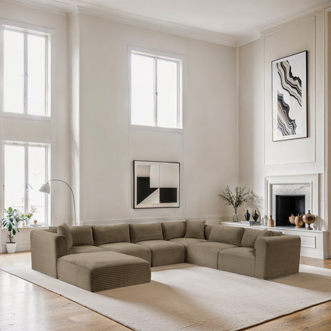 Faye 140" Taupe Corduroy Performance Fabric Upholstered Sectional, 7-Piece