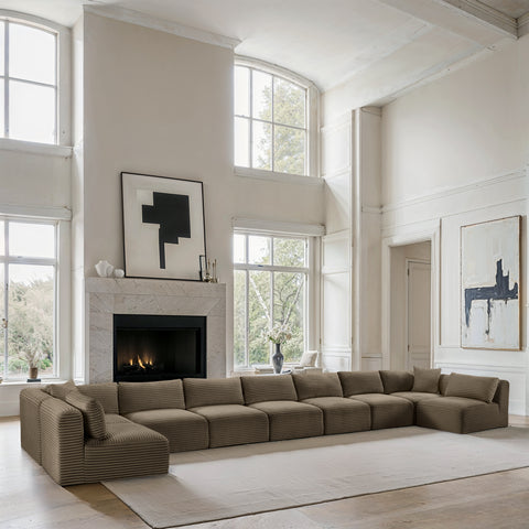 Faye 233" Taupe Corduroy Performance Fabric Upholstered Sectional, 9-Piece
